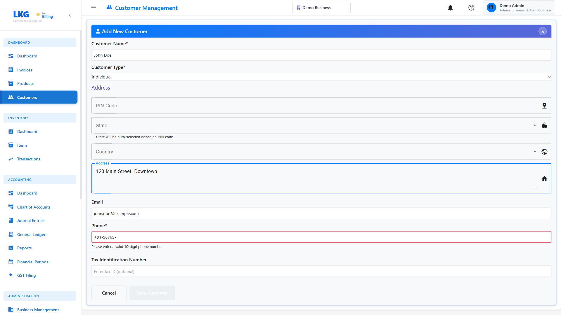 Customer Form Filled