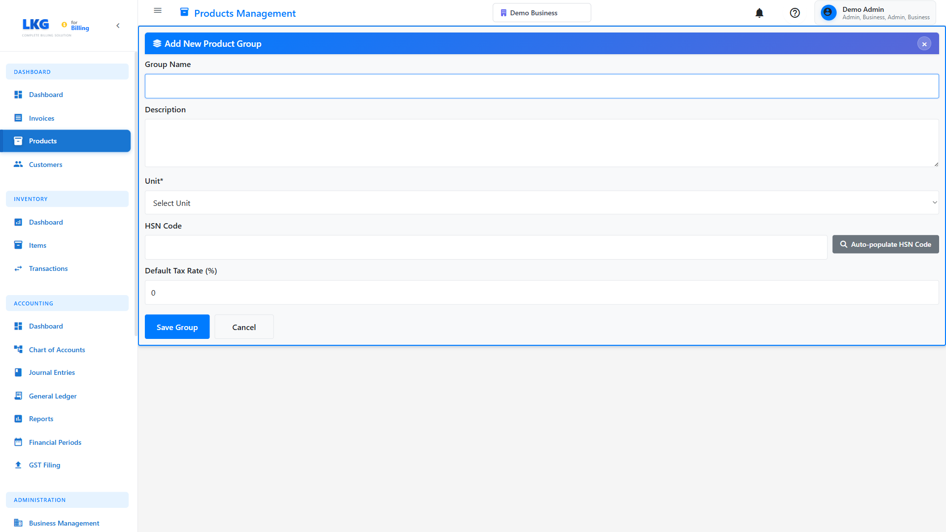 Product Group Create Form
