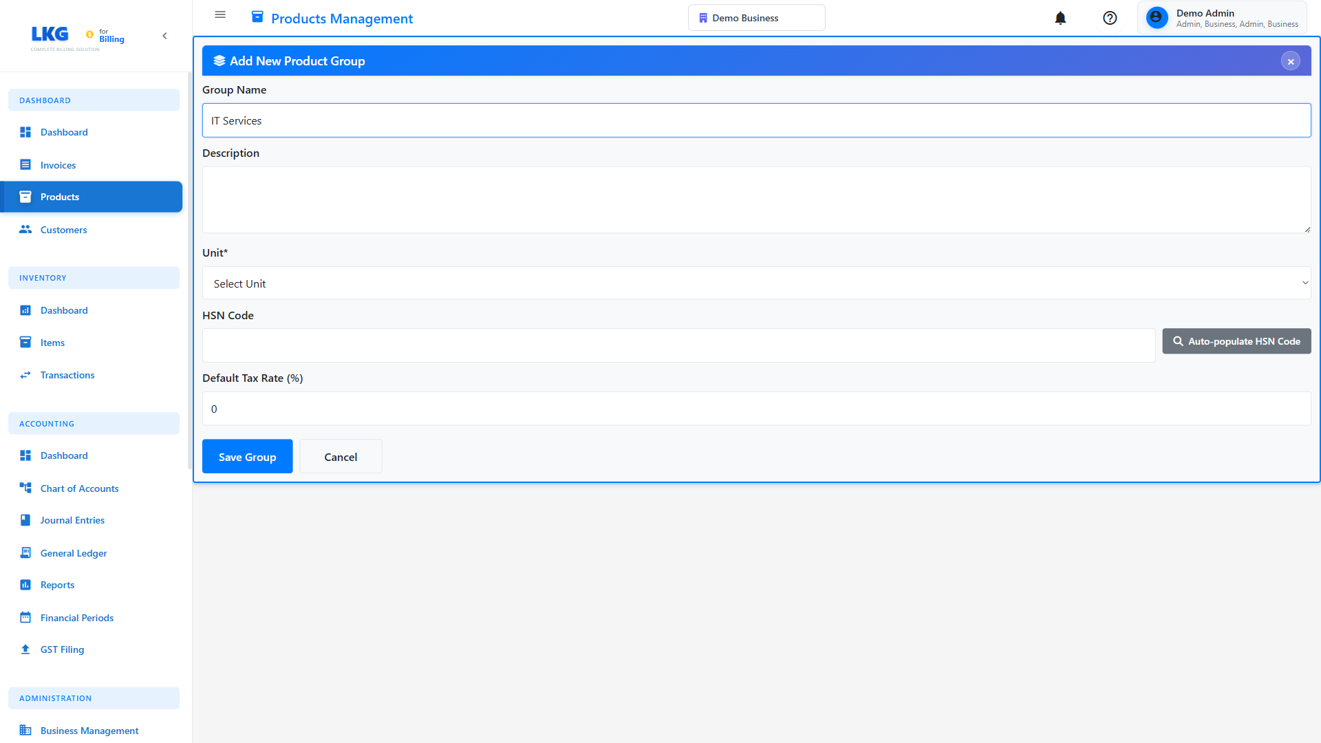 Product Group Form Filled