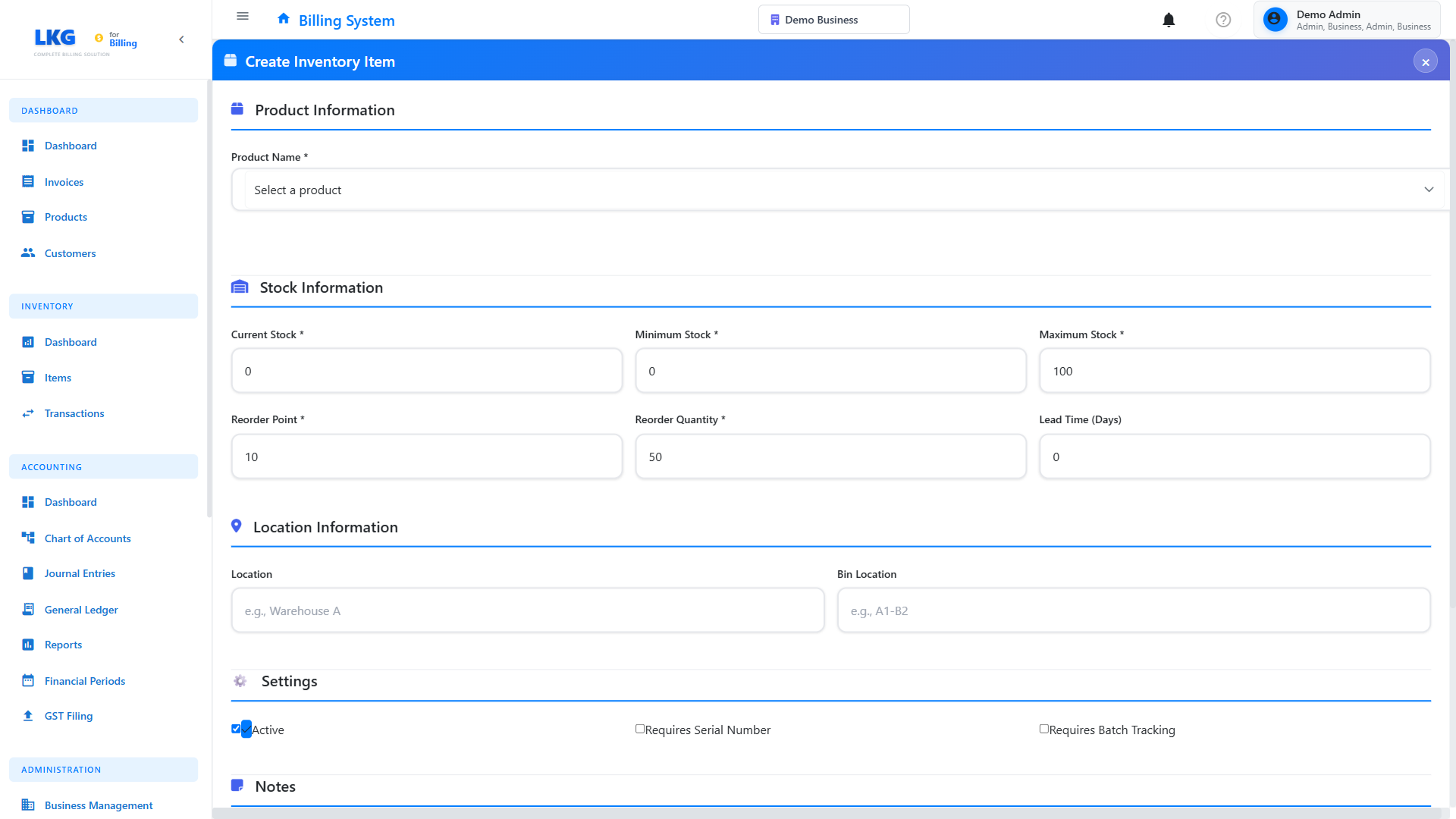 Create Inventory Item